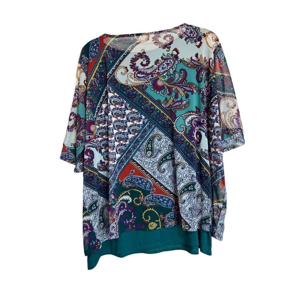 Chico's Top Womens 2 Large Knit Purple Paisley Overlay 3/4 Dolman Sleeve NWT